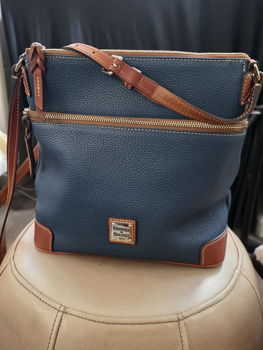 Dooney & Bourke Navy Pebble Leather Crossbody Bag with Brown Trim